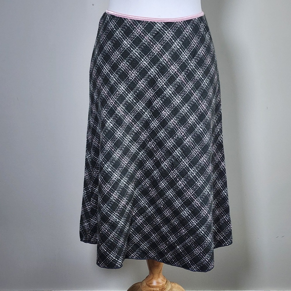 Plaid Tweed Midi Skirt Womens Medium Black Pink A-Line Y2K Grunge Coquette Retro